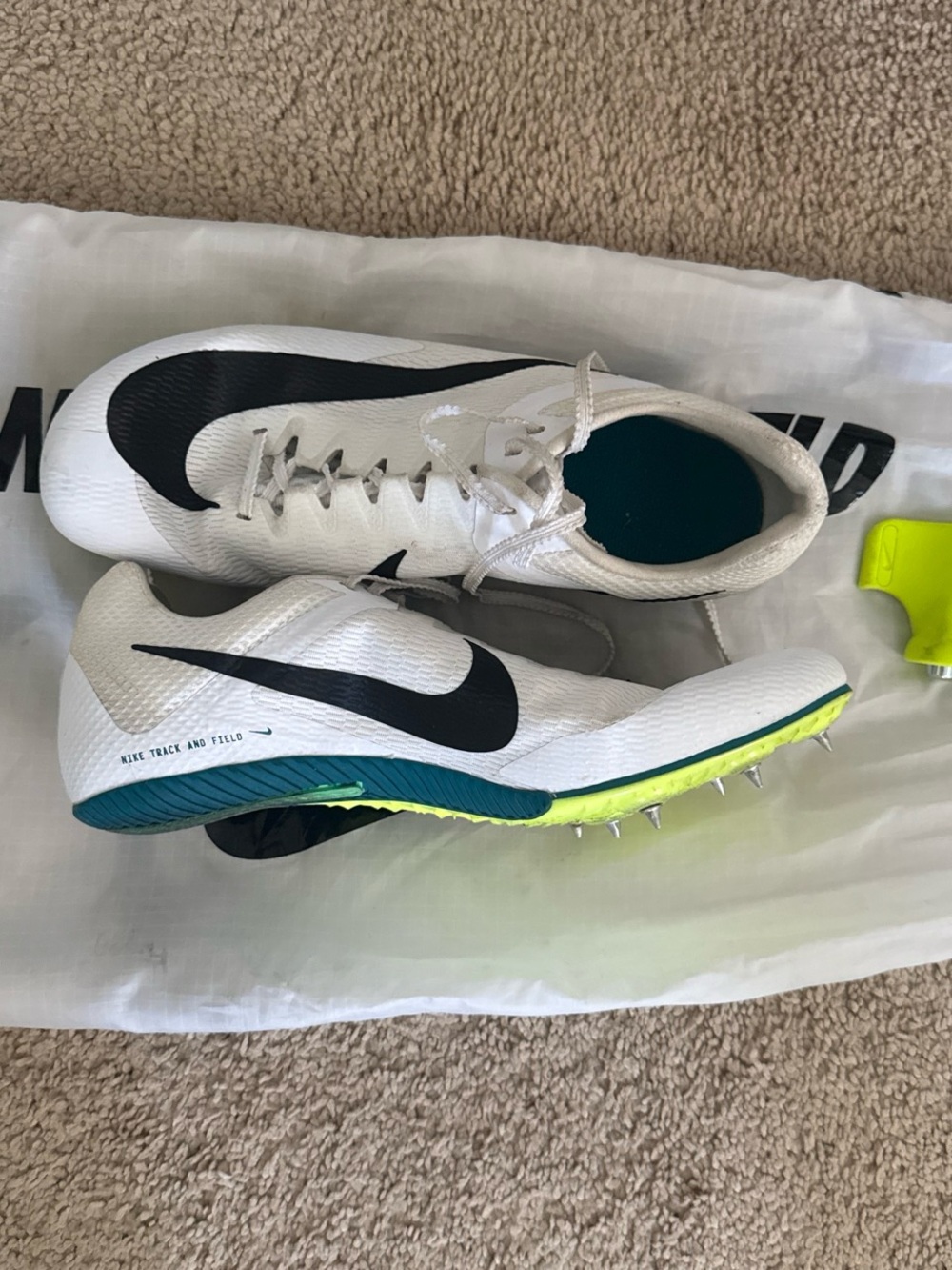Nike Rival Sprint White Track Spikes with Black Swoosh and Yellow-Green Plate